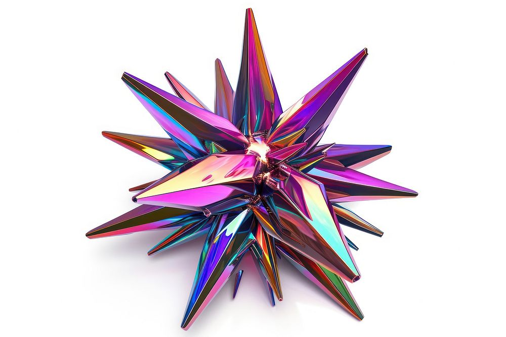 Starburst shape iridescent origami jewelry white background.
