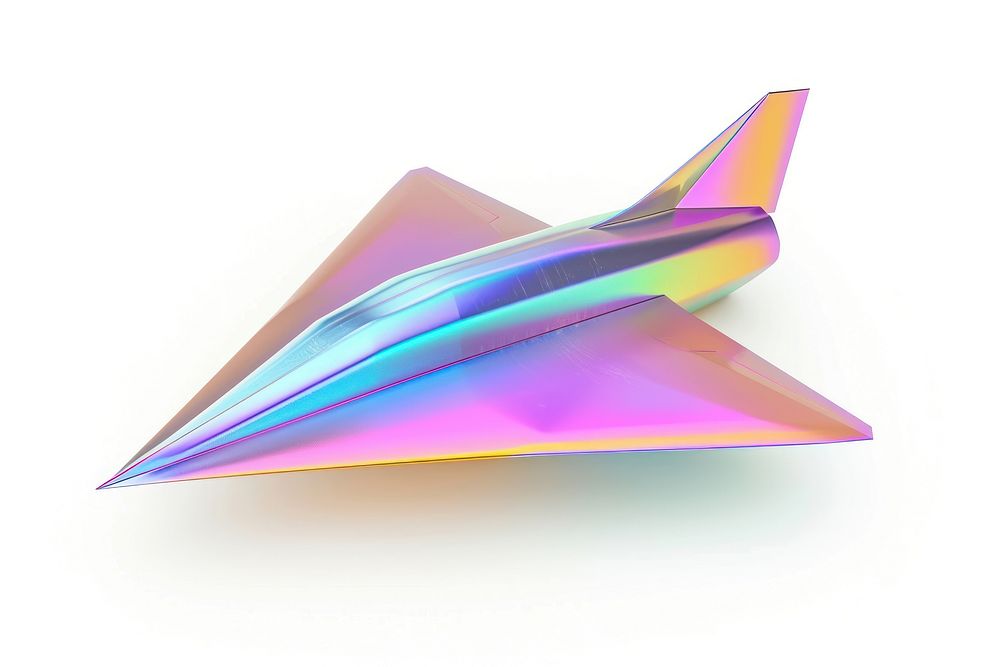 Paper plane simple iridescent aircraft origami white background.