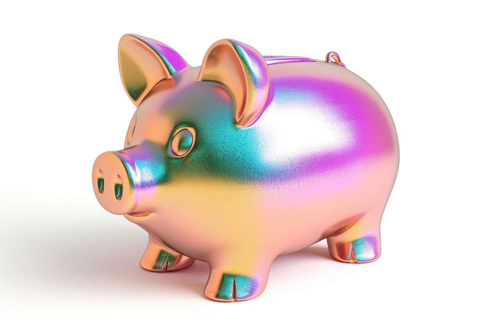 Piggy bank iridescent mammal white background representation.