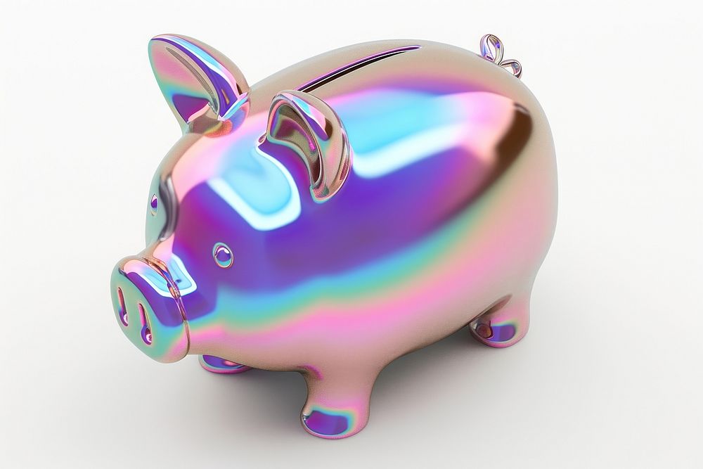 Piggy bank iridescent white background representation electronics.