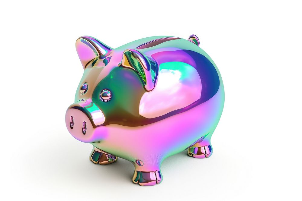 Piggy bank iridescent white background representation investment.