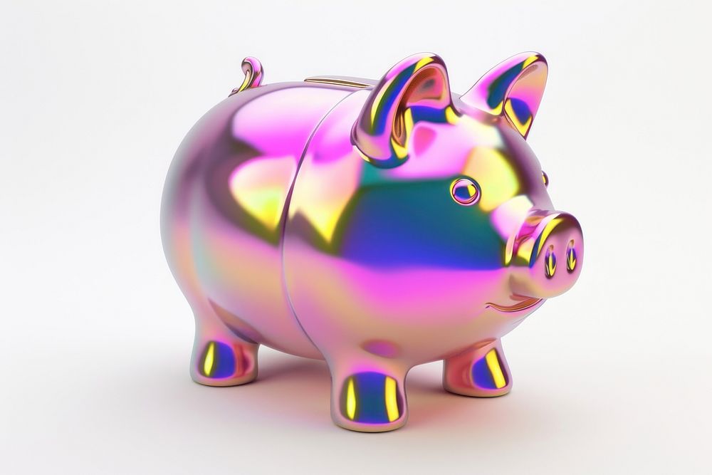 Piggy bank iridescent white background representation investment.