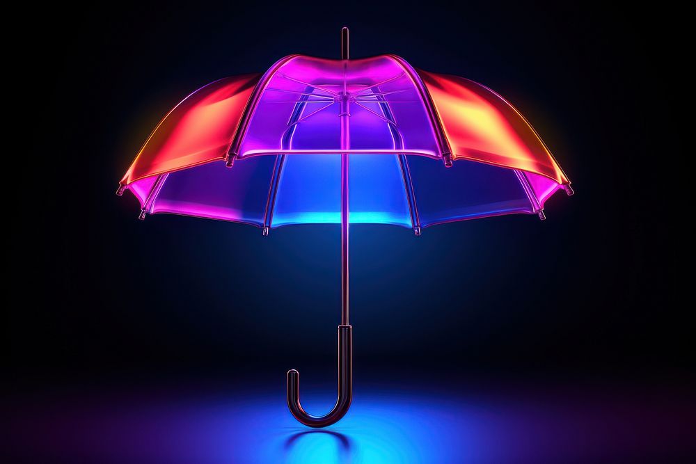 3D render neon umbrella icon rain illuminated protection.
