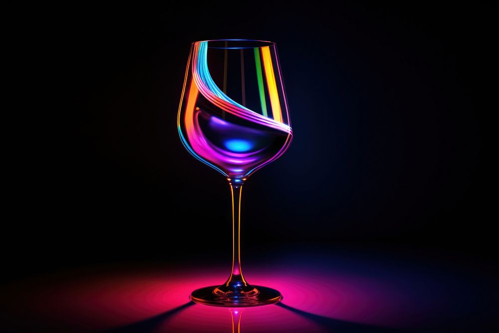 3D render neon wine glass icon drink illuminated refreshment.