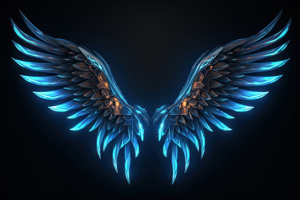 3D render neon wings icon blue illuminated accessories.