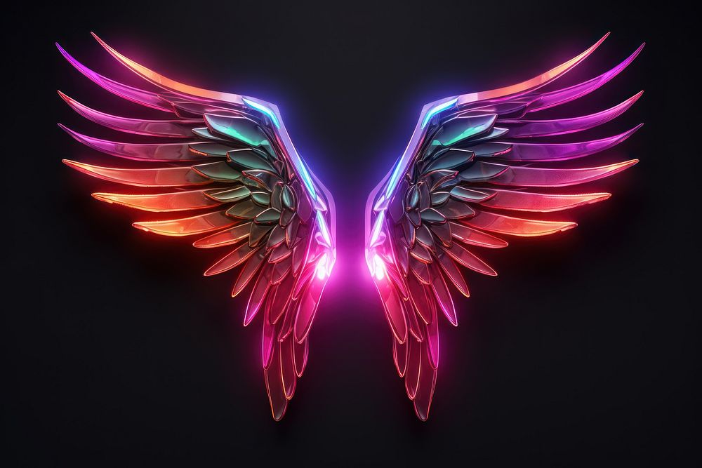 3D render neon angel wing icon purple light night.