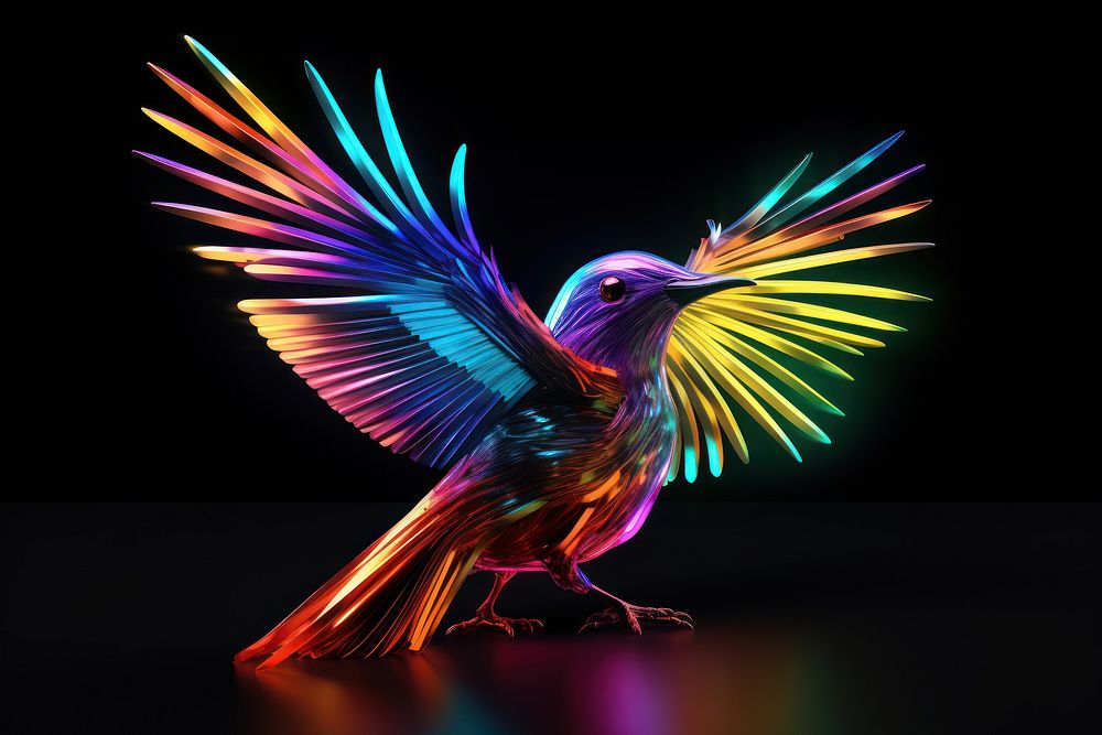 3D render neon bird icon animal illuminated creativity.