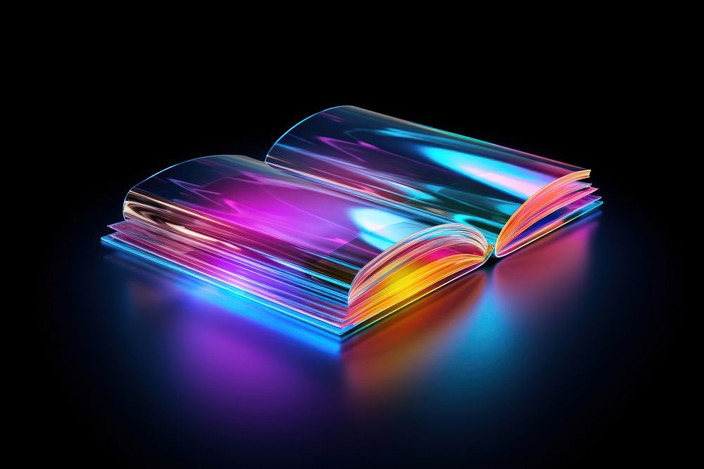 3D render neon book icon light illuminated publication.