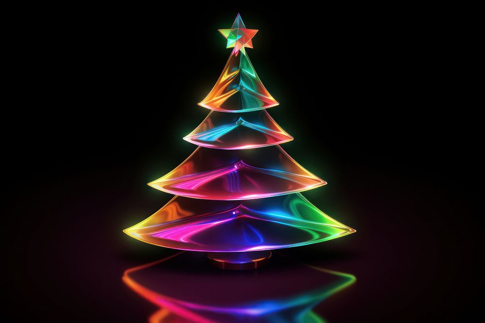3D render neon christmas tree icon light night illuminated.