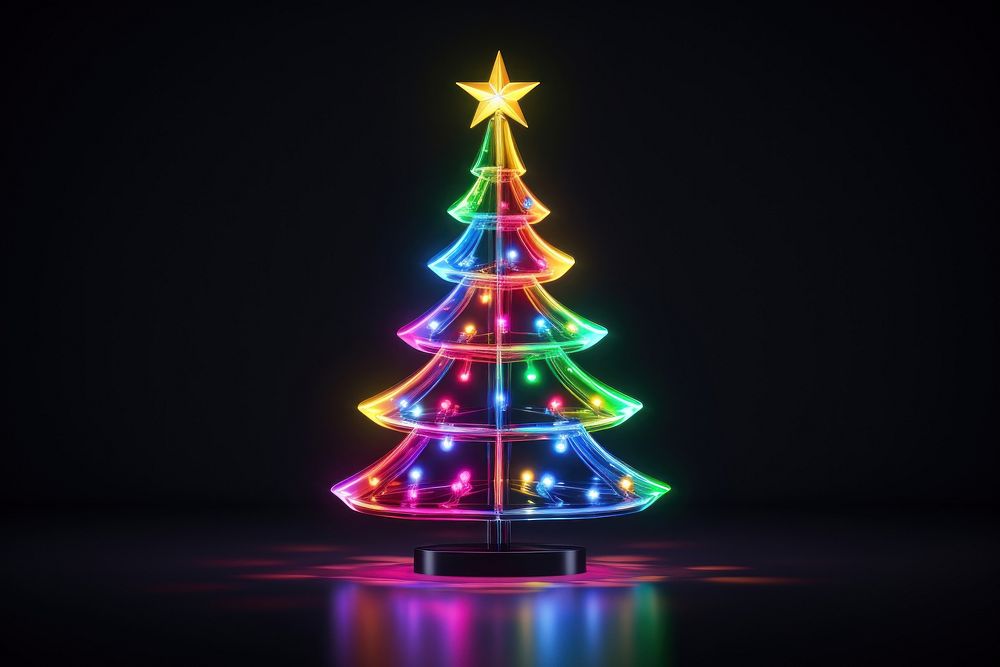 3D render neon christmas tree icon lighting illuminated celebration.