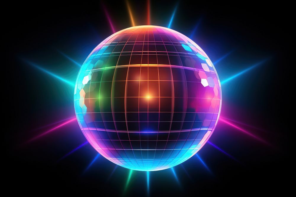 3D render neon disco ball icon sphere planet night.