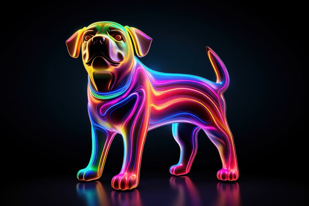 3D render neon dog icon animal mammal light.