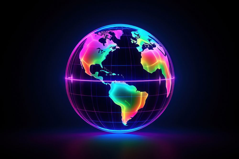 3D render neon globe icon planet space night.