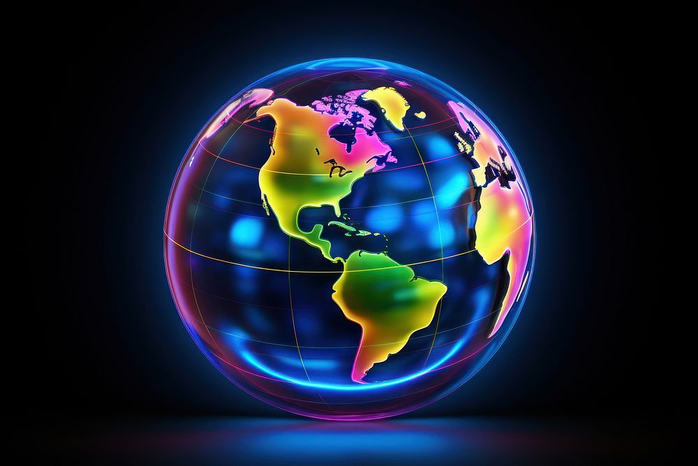 3D render neon globe icon sphere planet space.