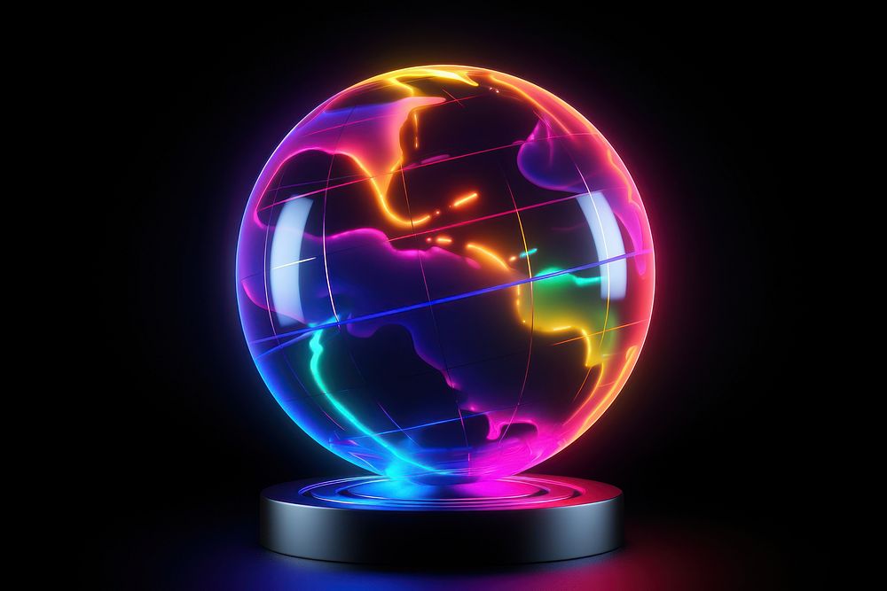 3D render neon globe icon sphere planet night.