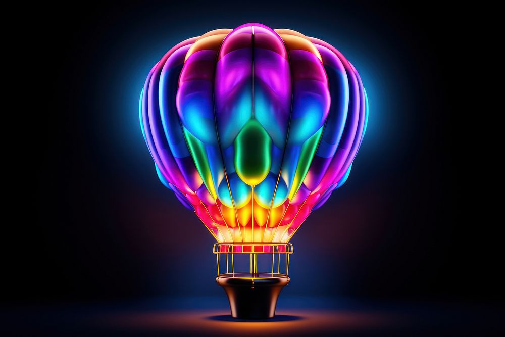 3D render neon hot air ballon icon light transportation illuminated.