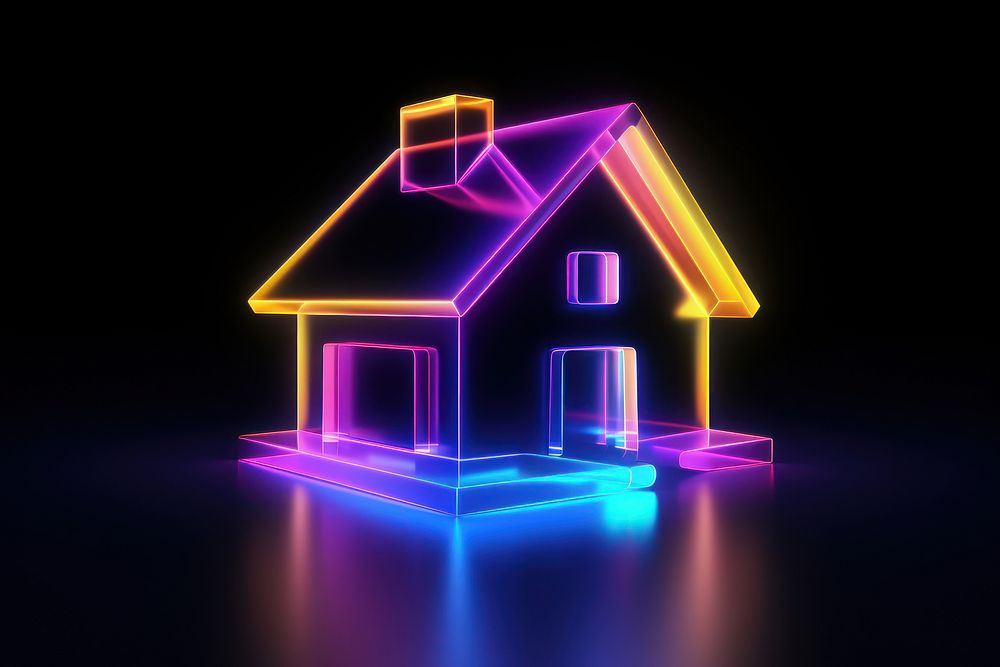 3D render neon house icon light architecture illuminated.