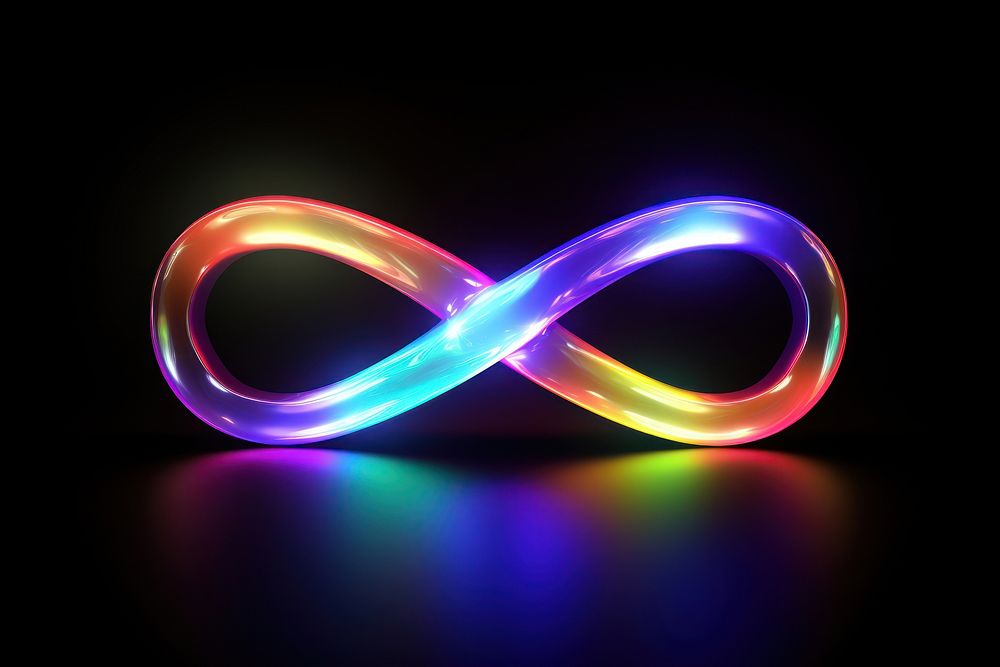 3D render neon infinity icon purple light illuminated.