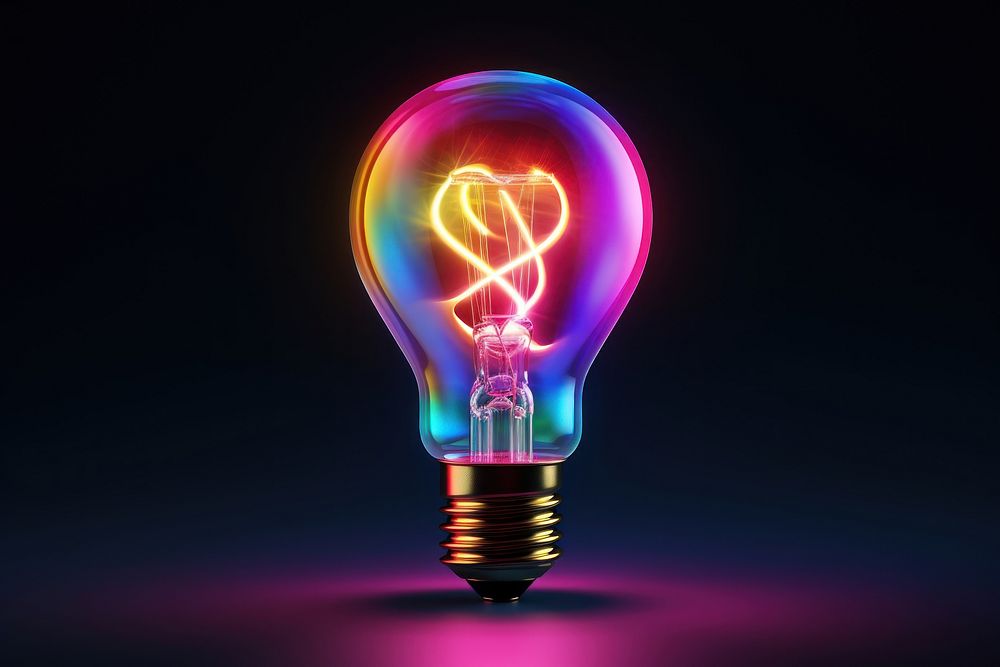 3D render neon light bulb icon lightbulb night illuminated.