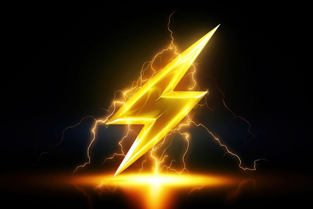 3D render neon lightning icon thunderstorm symbol yellow.