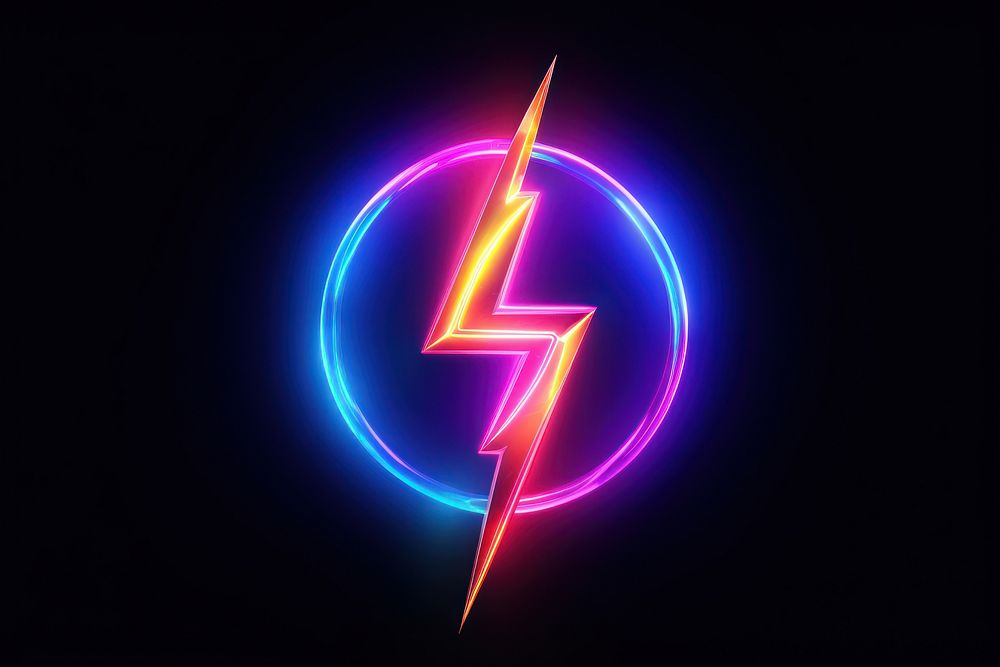 3D render neon lightning icon symbol night thunderstorm.