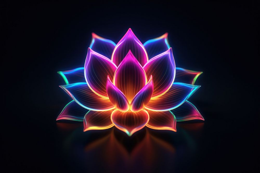 3D render neon lotus icon pattern flower light.