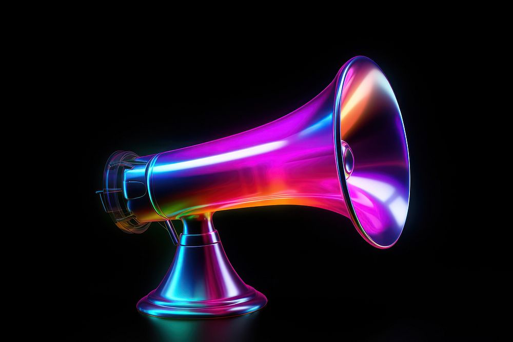 3D render neon megaphone icon lighting purple performance.