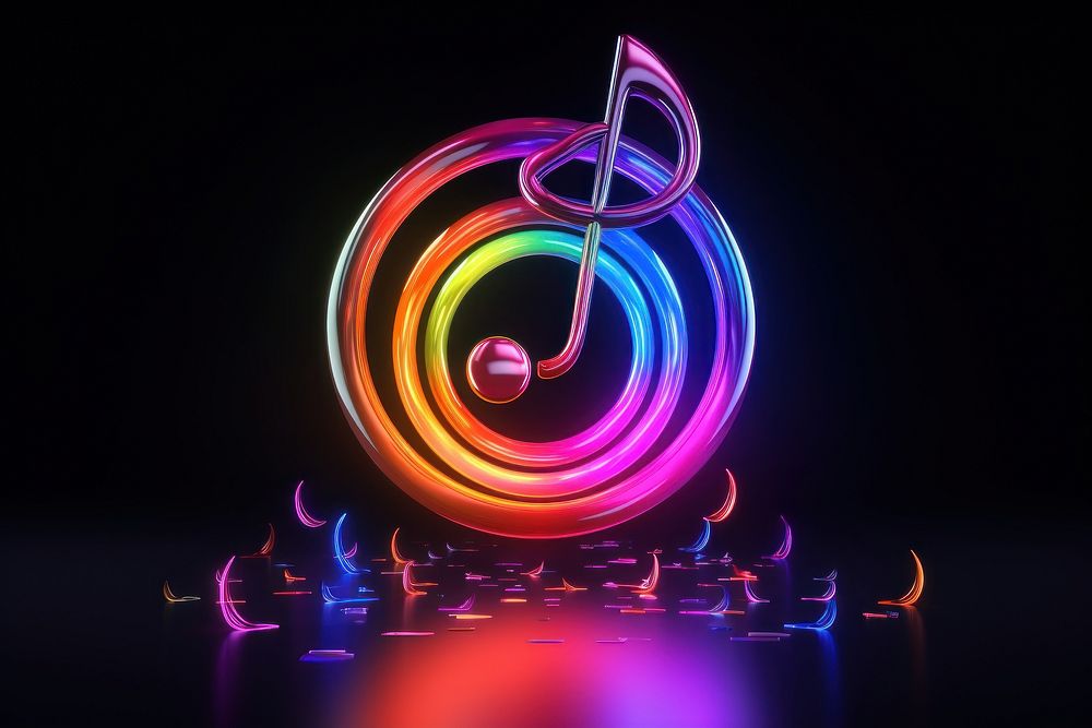 3D render neon music icon light night illuminated.
