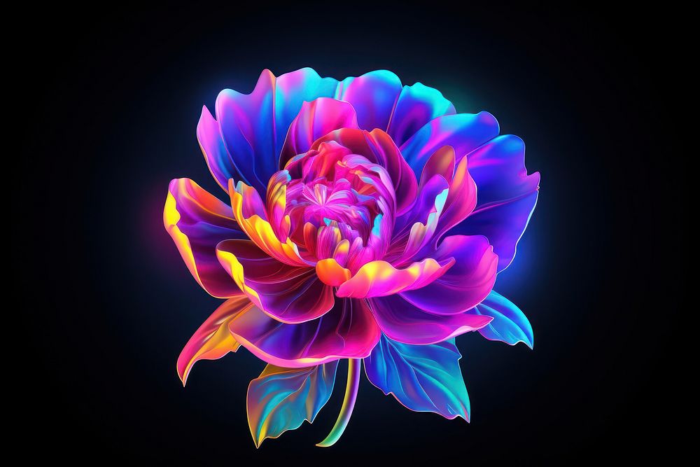 3D render neon peony icon pattern flower dahlia.