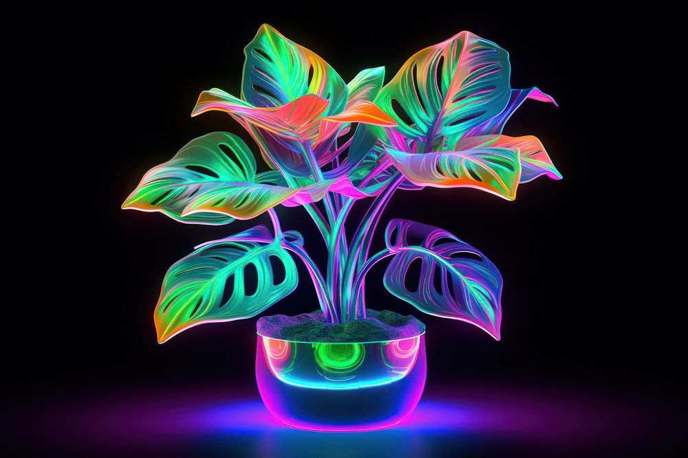 3D render neon plant icon purple light illuminated.