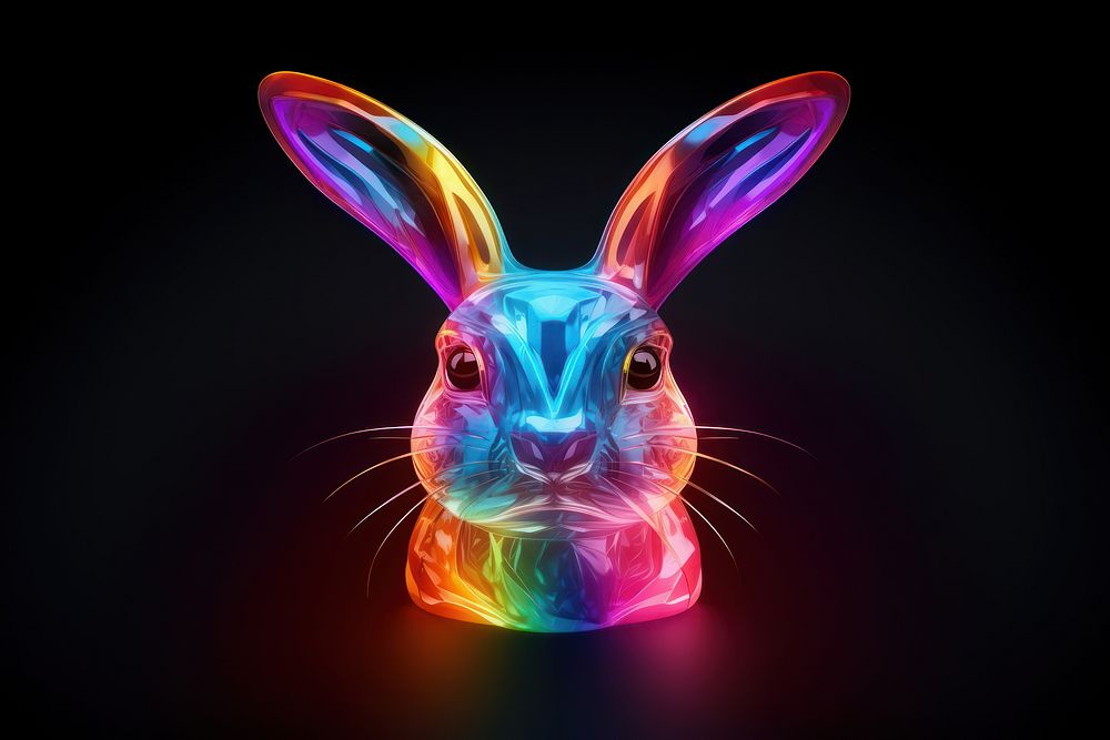 3D render neon rabbit icon animal rodent mammal.