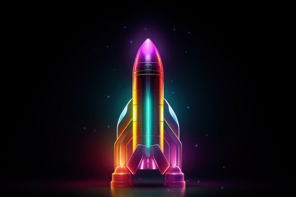 3D render neon rocket icon illuminated futuristic technology.