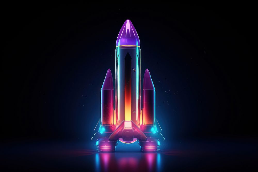 3D render neon rocket icon illuminated technology futuristic.