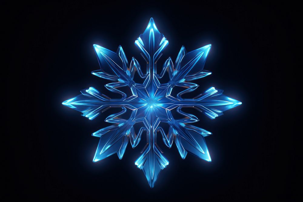 3D render neon snowflake icon crystal pattern light.