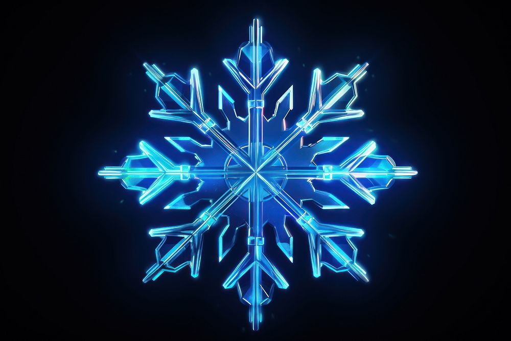 3D render neon snowflake icon light blue illuminated.