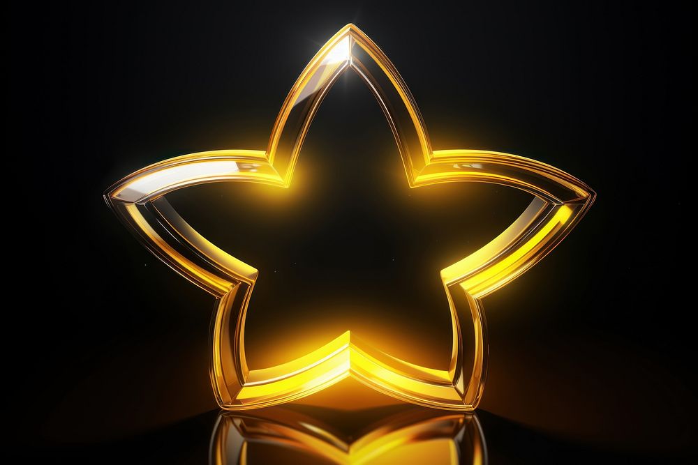 3D render neon star shape yellow symbol illuminated.