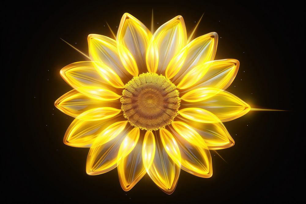 3D render neon sunflower icon pattern yellow petal.