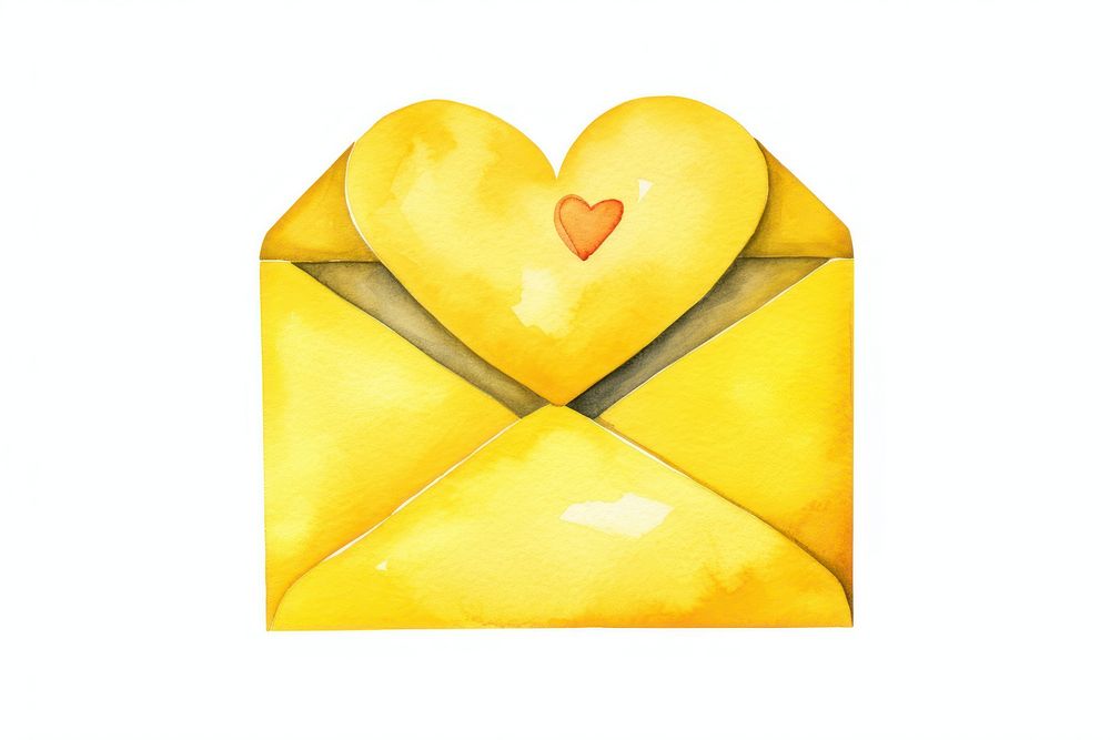 Yellow letter envelope heart white background.