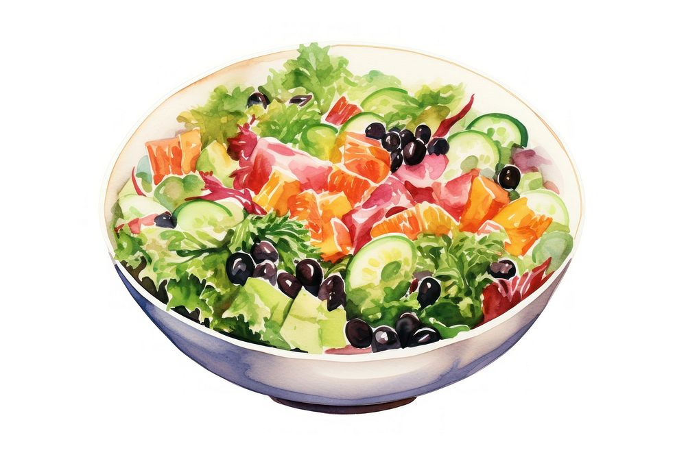 Watercolor salad bowl plate food meal. AI generated Image by rawpixel.