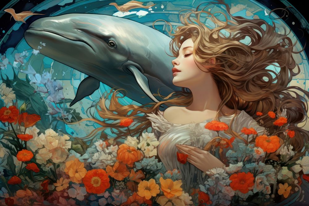 Whale and flowers art photography painting.