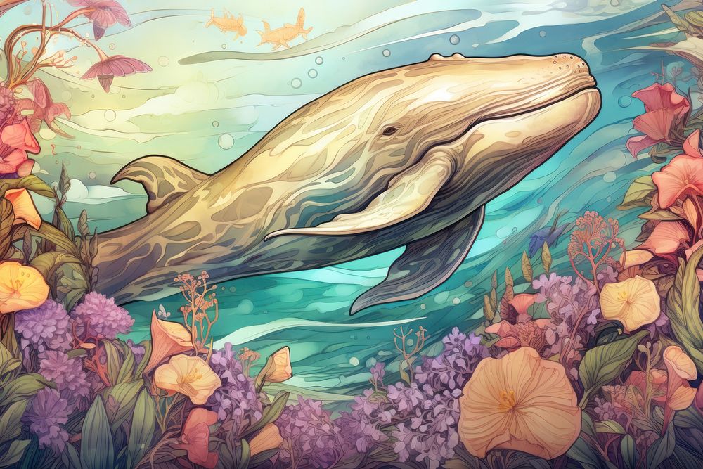 Whale and flowers art painting dolphin.