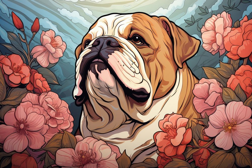 Bulldog flower art painting.