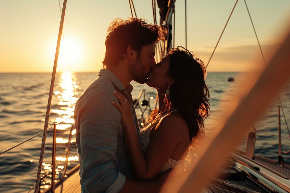 Hispanic couple kissing on the deck of a yacht against a sunny background sailboat vacation outdoors. AI generated Image by…