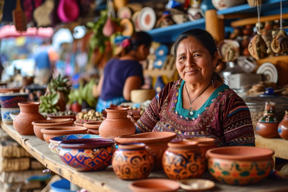 A Latino artist showcasing traditional crafts at a local market adult day earthenware. AI generated Image by rawpixel.
