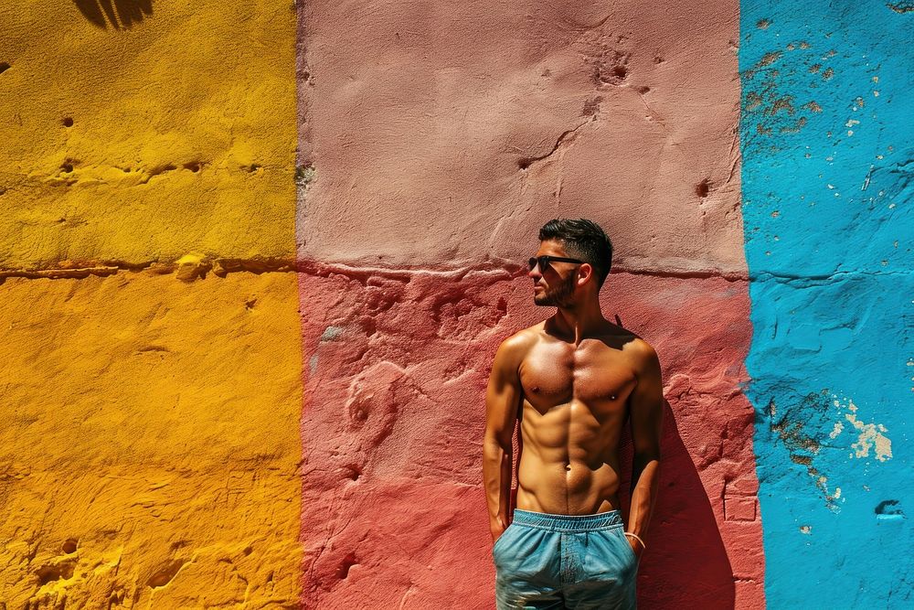 Latino man in a swimming pants standing in front of a colorful wall adult bodybuilding architecture. AI generated Image by…