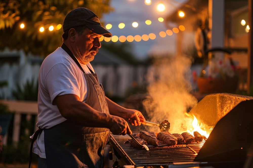 A Latino papa grilling at a summer barbecue party outdoors skill adult. AI generated Image by rawpixel.