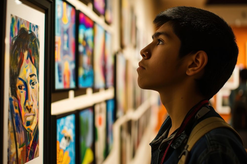 A Latino student showcasing artwork in a high school summer art exhibition creativity portrait photo. AI generated Image by…