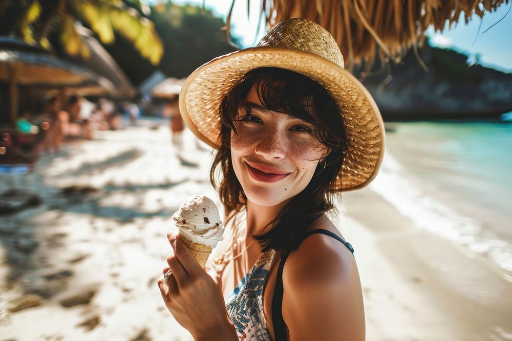 Selfie Latina woman holding an ice cream on a beach relaxation portrait vacation. AI generated Image by rawpixel.