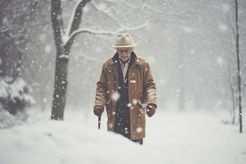 Photography of elderly people winter snow blizzard.