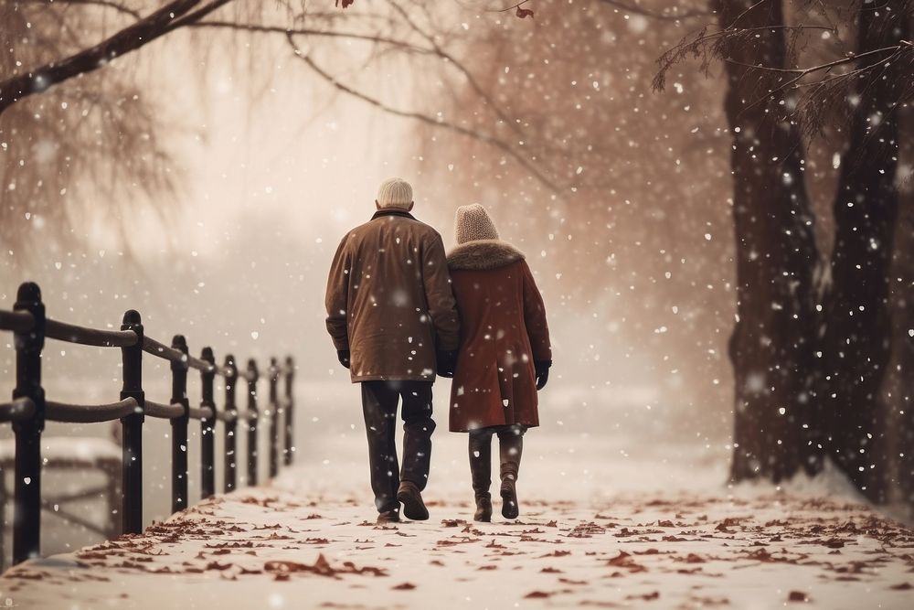 Photography of elderly people outdoors snowing walking.